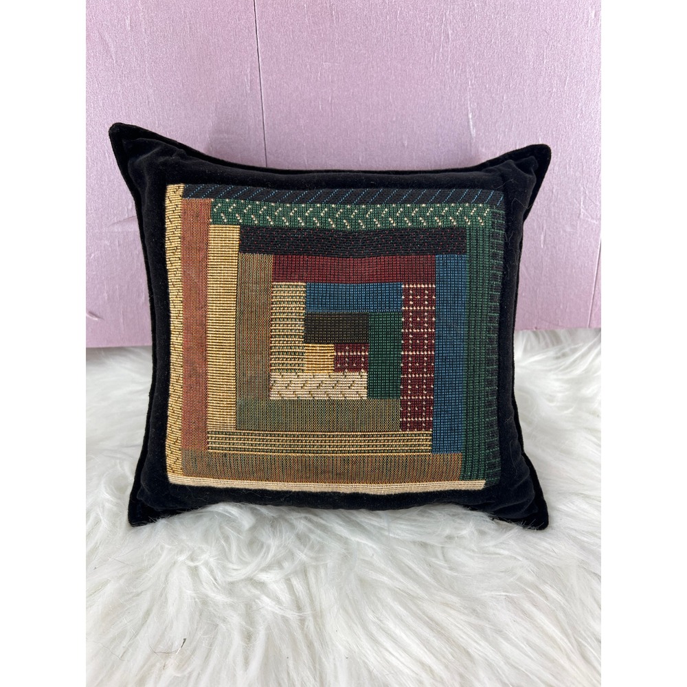 Maine Balsam Fir Pillow Geometric Tapestry Black Velvet 8" Cabin Lodge Decor